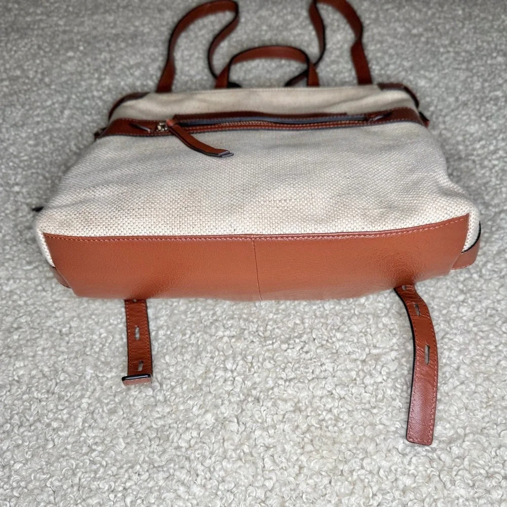 Lodis Pippa Backpack Cream Jute Cotton Tan Leather Trim Zip Top Bat